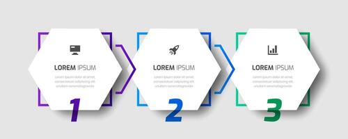 Business Infographic Template with Hexagon Label, Arrows, 3 Numbers and Icon for Presentation vector
