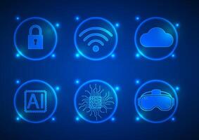 Neon blue tech icons on dark background vector