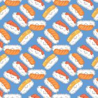 Pattern of cute sushi designs on blue vector