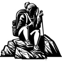 Sketchy sport emblem of lonely tired tourist resting sitting on a stone in monochrome. Engraving minimalistic image in black ink drawing on white background vector