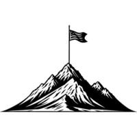 Sketchy emblem of American flag on a flagpole on a mountain top in monochrome. Engraving minimalistic image in black ink drawing on white background vector