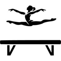 Sport emblem of girl gymnast in a vertical split while jumping over balance beam in monochrome. Engraving minimalistic image in black ink drawing on white background vector