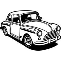 Sketchy sport emblem of Vintage car, classic two door sedan with rounded edges, large headlights, and a prominent grille. Engraving minimalistic image in black ink drawing on white background vector
