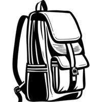 Sketchy sport emblem of voluminous travel backpack in monochrome. Engraving minimalistic image in black ink drawing on white background vector