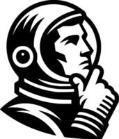 Sketchy cosmic emblem of astronaut in a protective helmet thoughtfully looks up at stars in monochrome. Engraving minimalistic image in black ink drawing on white background vector