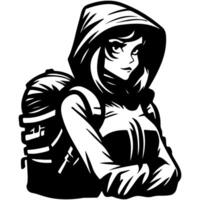 Sketchy sport emblem of portrait of sportswoman tourist in warm clothes ready for hiking in mountains in monochrome. Engraving minimalistic image in black ink drawing on white background vector