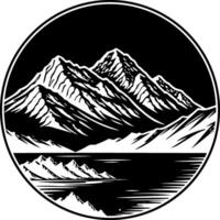 Sketchy travel emblem of night mountain lake illuminated by moonlight in monochrome. Engraving minimalistic image in black ink drawing on white background vector