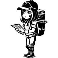 Sketchy sport emblem of girl tourist navigates an unfamiliar area using a map in monochrome. Engraving minimalistic image in black ink drawing on white background vector