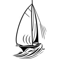 Sketchy engraving emblem of single sailing vessel in monochrome. Engraving minimalistic image in black ink drawing on white background vector