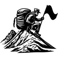 Sketchy sport emblem of mountain climber plants a flag on top of a mountain in monochrome. Engraving minimalistic image in black ink drawing on white background vector