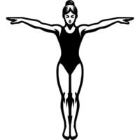 Sport emblem of girl gymnast in initial position before performing exercise in monochrome. Engraving minimalistic image in black ink drawing on white background vector