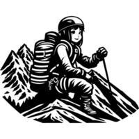 Sketchy sport emblem of girl climber resting at the point of the mountain route in monochrome. Engraving minimalistic image in black ink drawing on white background vector
