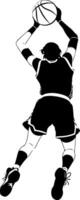 Sketchy sport emblem of basketball player athlete jumping view from below in monochrome. Engraving minimalistic image in black ink drawing on white background vector