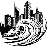 Sketchy engraving emblem of huge wave approaching the coast in monochrome. Engraving minimalistic image in black ink drawing on white background vector