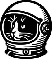 Sketchy cosmic emblem of cat face space traveler in astronaut helmet in monochrome. Engraving minimalistic image in black ink drawing on white background vector