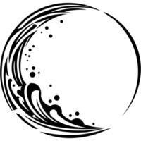 Sketchy engraving emblem of decorative frame ring in the shape of a sea wave with drops of water and foam in monochrome. Engraving minimalistic image in black ink drawing on white background vector