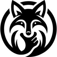 Tattoo of thoughtful fox holds his chin with his paw in monochrome. Engraving minimalistic image in black ink drawing on white background vector