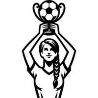 Sport emblem of girl captain of youth football team solemnly raised championship cup over her head in monochrome. Engraving minimalistic image in black ink drawing on white background vector