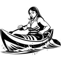 Sketchy engraving emblem of sportswoman girl swims in a kayak along a stormy river in monochrome. Engraving minimalistic image in black ink drawing on white background vector