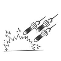 a black and white drawing of a rocket launching doodle missile and explosion in cartoon style vector