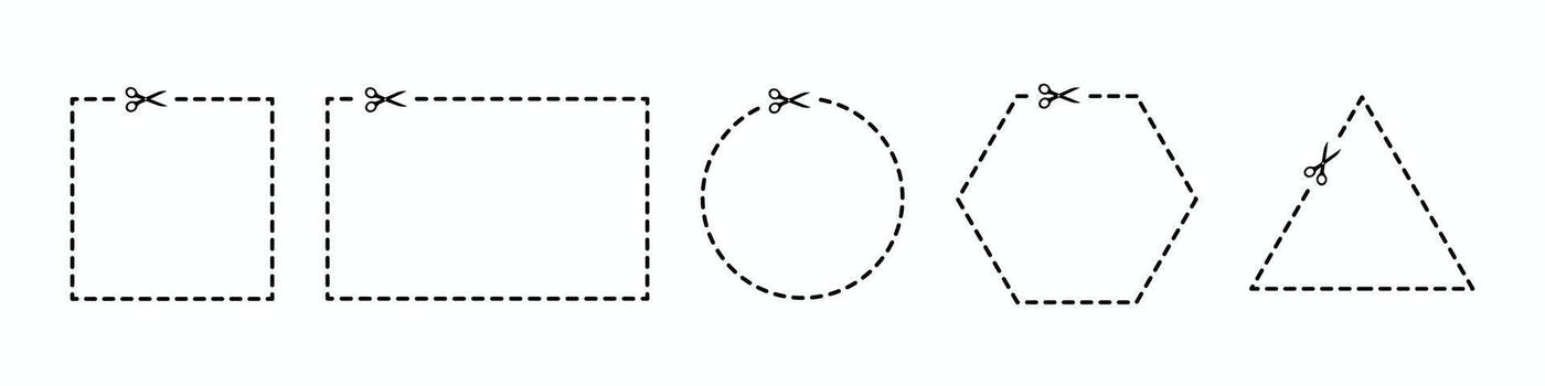 Cutting scissors set. Dotted coupon border. Scissors silhouette in white backgroun. Dashed discount symbol. Dotted circle, square, triangle and rectangle. vector