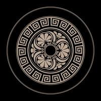 Greek round ornament. Ornamental gold pattern on a black background. Round ornament with Greek key meanders. Greek key. Typical egyptian, assyrian motives, circle border. Illustration vector