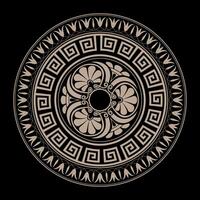 Greek golden round ornament on black background. Greek pattern. Round ornament with Greek key meanders. Greek key. Typical egyptian, assyrian motives, circle border. Illustration vector