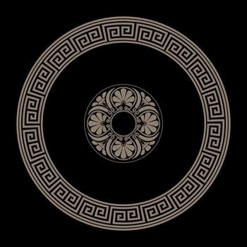 Greek golden key round frame on black background with a pattern in the center of the plate. Patterns of Ancient Greece, ancient Rome Empire. Greek key, meander pattern.Template for design vector