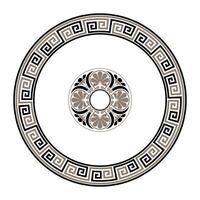 Greek round frame in golden black colors with a pattern in the center of the plate. Greek key, meander pattern. Patterns of Ancient Greece, ancient Rome Empire. Typical egyptian, assyrian, greek motiv vector