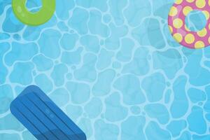 Swimming pool top view background. Summer time background with a rubber raft and colorful swimming balloons floating on water. vector
