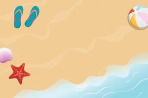 Summer time background. Sand with beach ball balloon, sea star, seashell, and flip flop. Top view sea surf background. vector