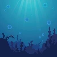 Summer time text with underwater ocean landscape. Silhouette of algae and reefs. Seabed background with ocean flora, corals and bubbles. vector