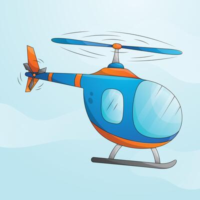 Blue cartoon helicopter flying in the sky. Rotor vehicle, modern passenger aircraft and transportation services. Side view flat helicopter illustration.