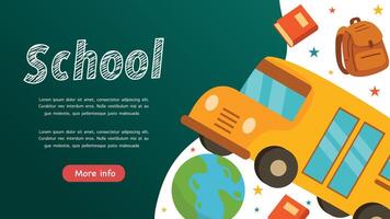 Bright yellow school bus with educational tools and globe on dark green layout for school vector