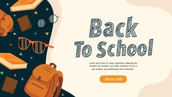 Top view of backpack books and glasses with back to school text in a modern layout vector