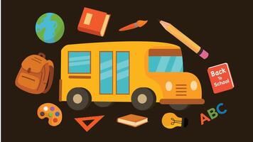 Yellow bus with backpack books globe and pencil on dark layout for educational purpose vector