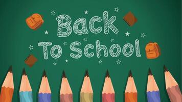A collection of colored pencils with chalkboard background and school bags decorating the layout vector