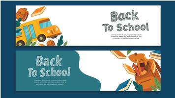 Two horizontal banners showing school bus backpack books and back to school message vector
