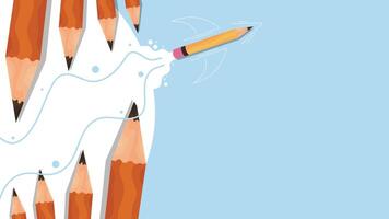 A pencil shoots out from colored pencils making a creative splash on light blue background vector