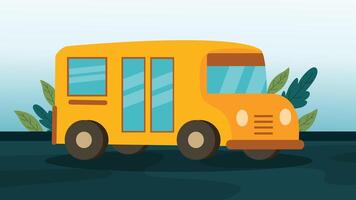 Cartoon style school bus parked with green leaves and simple background vector