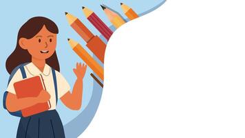 Cartoon girl standing with giant colored pencils and blank space for educational message vector