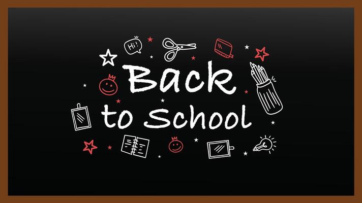 Creative back to school dark chalkboard design with simple doodle sketch elements and student supplies