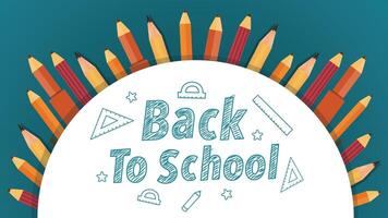 Crayons forming arc with chalk-style school text and white central circle on blue background vector