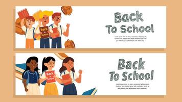 Two stylish web banner designs featuring cartoon students and school campaign text vector