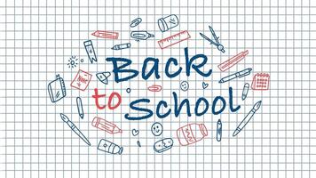 Simple back to school design with grid paper background red and blue doodle study elements and supplies vector