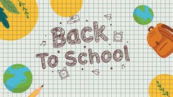 Bright colorful back to school illustration with grid pattern globe leaves pencil and backpack decoration vector