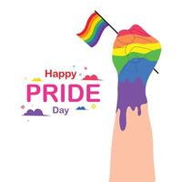 Happy pride day text with waving rainbow hand flag vector