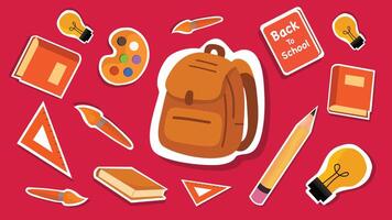Bright back to school design with red background school supplies backpack pencil book and learning items vector