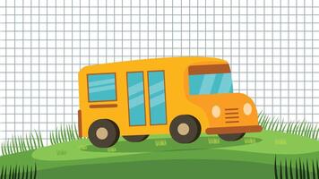 Cute back to school with yellow school bus illustration standing on green grass with grid background vector