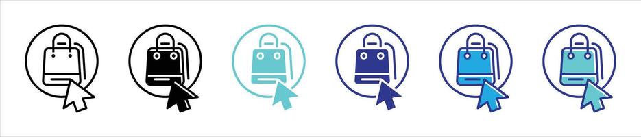 shopping bag icon set. package, online shopping, shopping bag with mouse clicking thin line and different color style icon for your app and web vector
